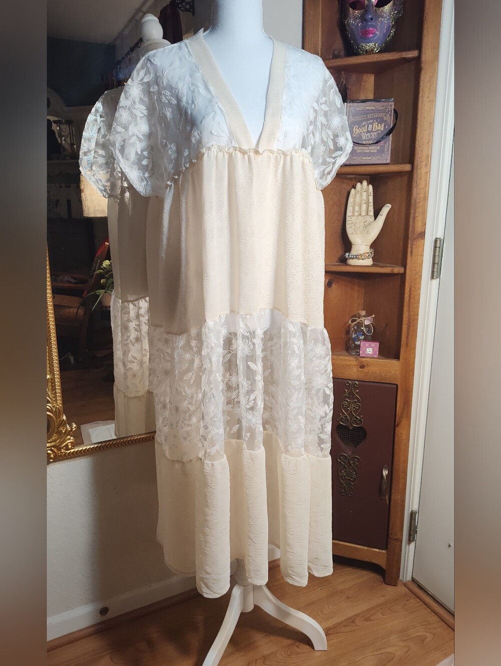 POL Cream and White Lace Maxi Dress